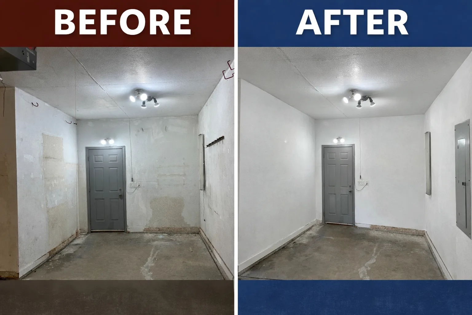 Garage interior wall repaint before and after — Des Moines, Iowa